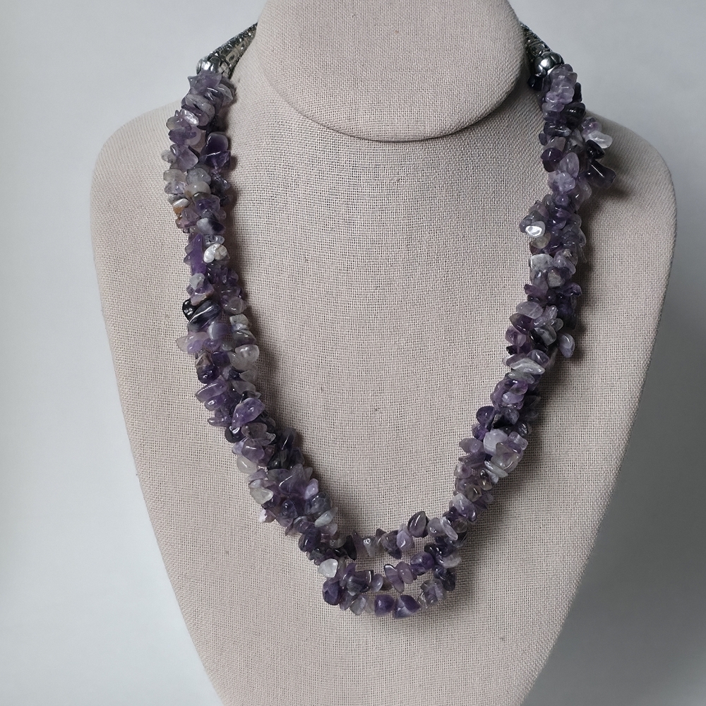 Amethyst Three Strand Beaded Gemstone Necklace Boho Festival